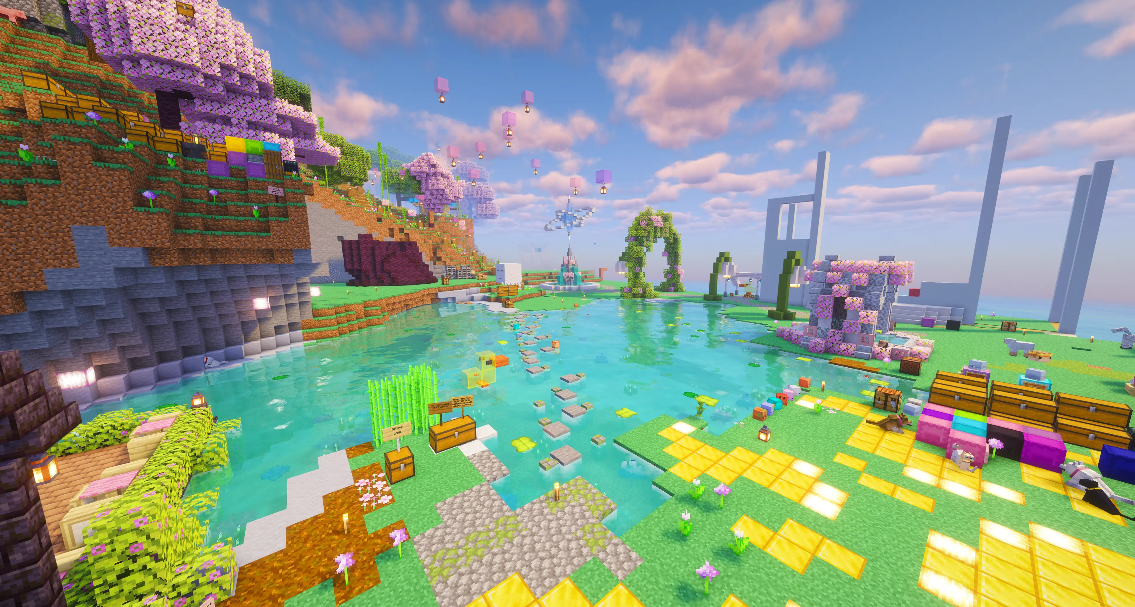 Colorful server overview with buildings and water